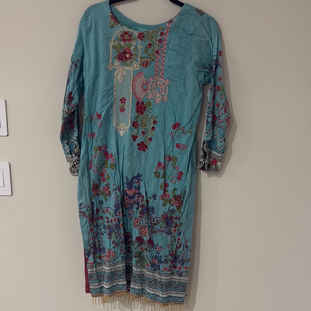 Floral Embroidered Dress in Teal 3 pc suit